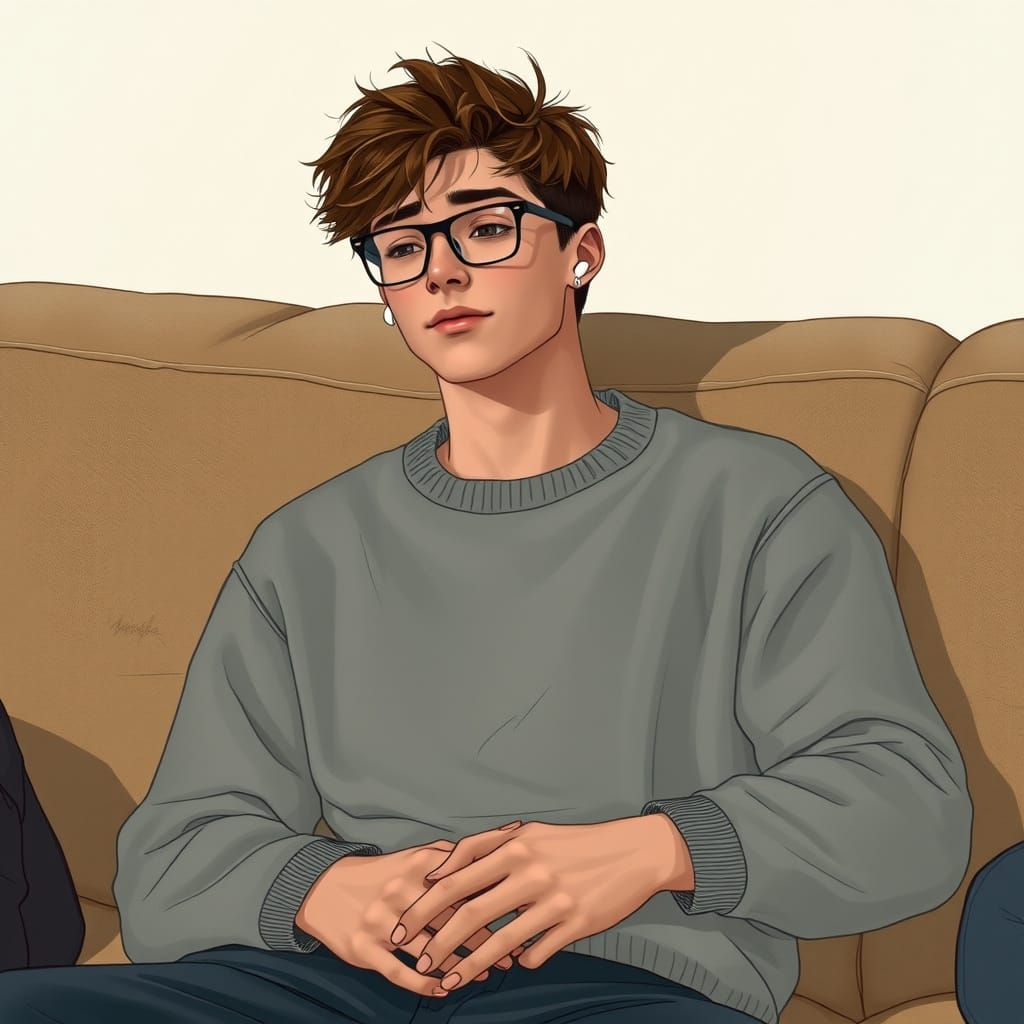 Teenager Relaxing on a Cozy Couch in Muted Realism