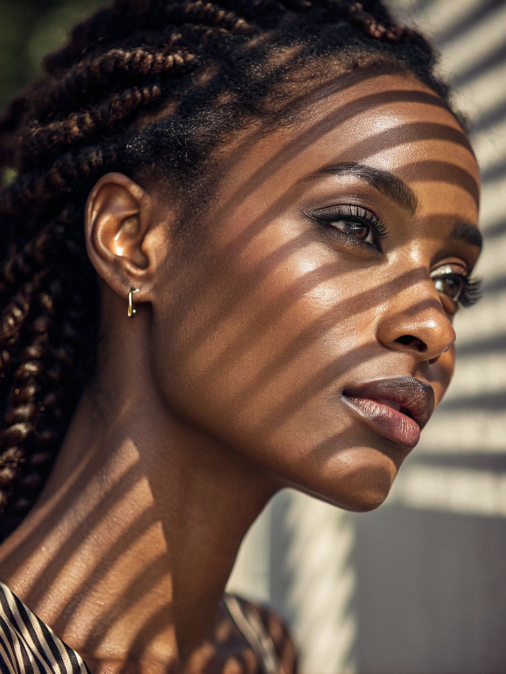 Portrait of a Black Woman in Dramatic Striped Shadows