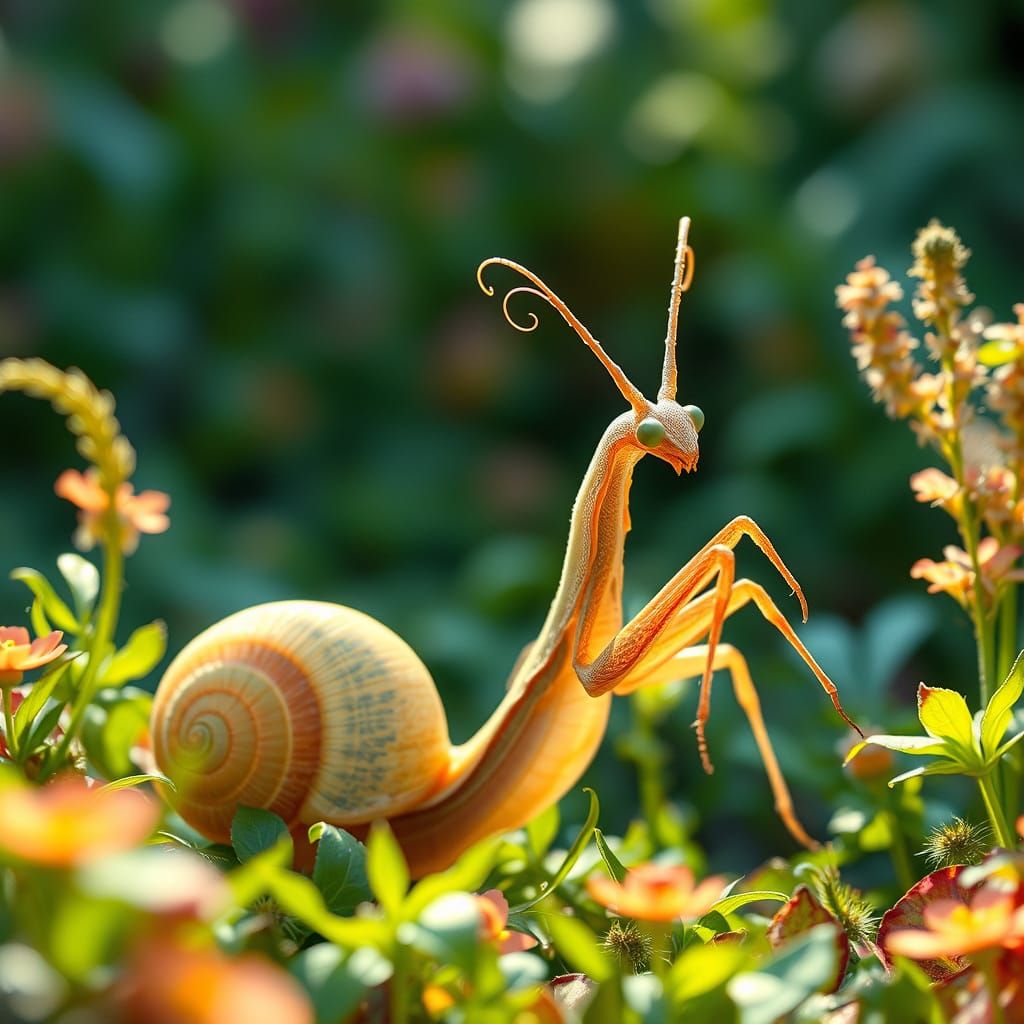 Dreamlike Snail-Mantis Emerges in Vibrant Garden