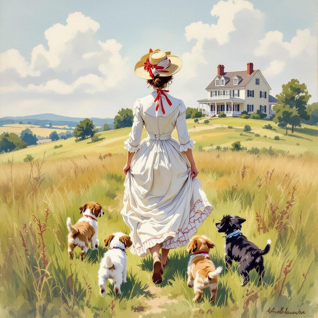 19th Century Lady Walks Puppies to Colonial Home in Gouache ...
