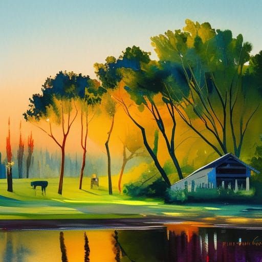 Impressionist Evening Scene in Gouache Style