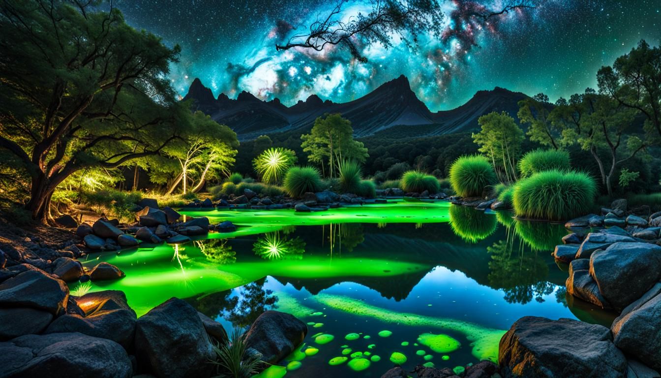 Bioluminescent Garden Under Cosmic Sky in Psychedelic Art