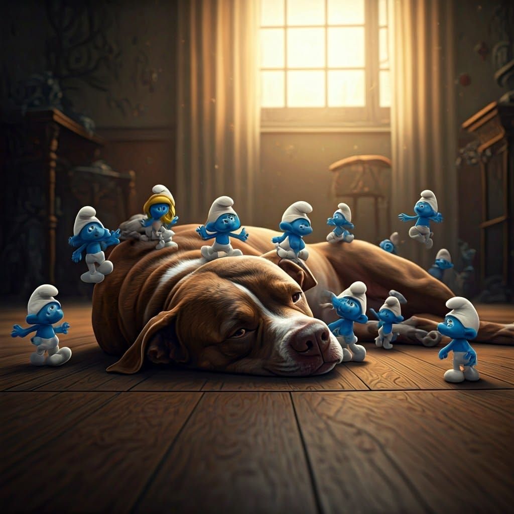 Dog and Smurfs in Dreamlike Illustration Style