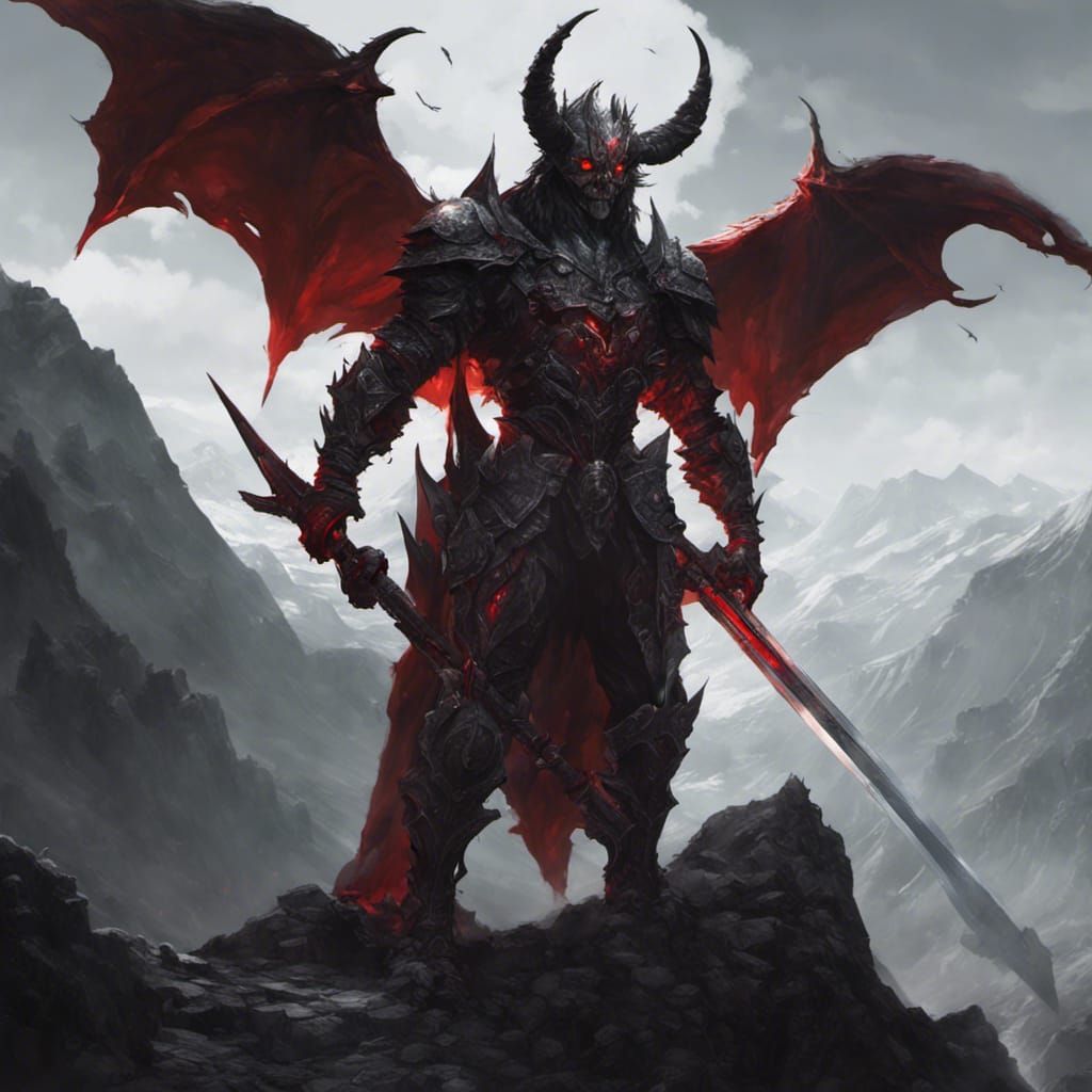 Demon Warrior Portrait on Mountain, Dark Fantasy Art