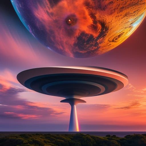 Astral Sunset on Alien Ocean: Cosmic Illustration