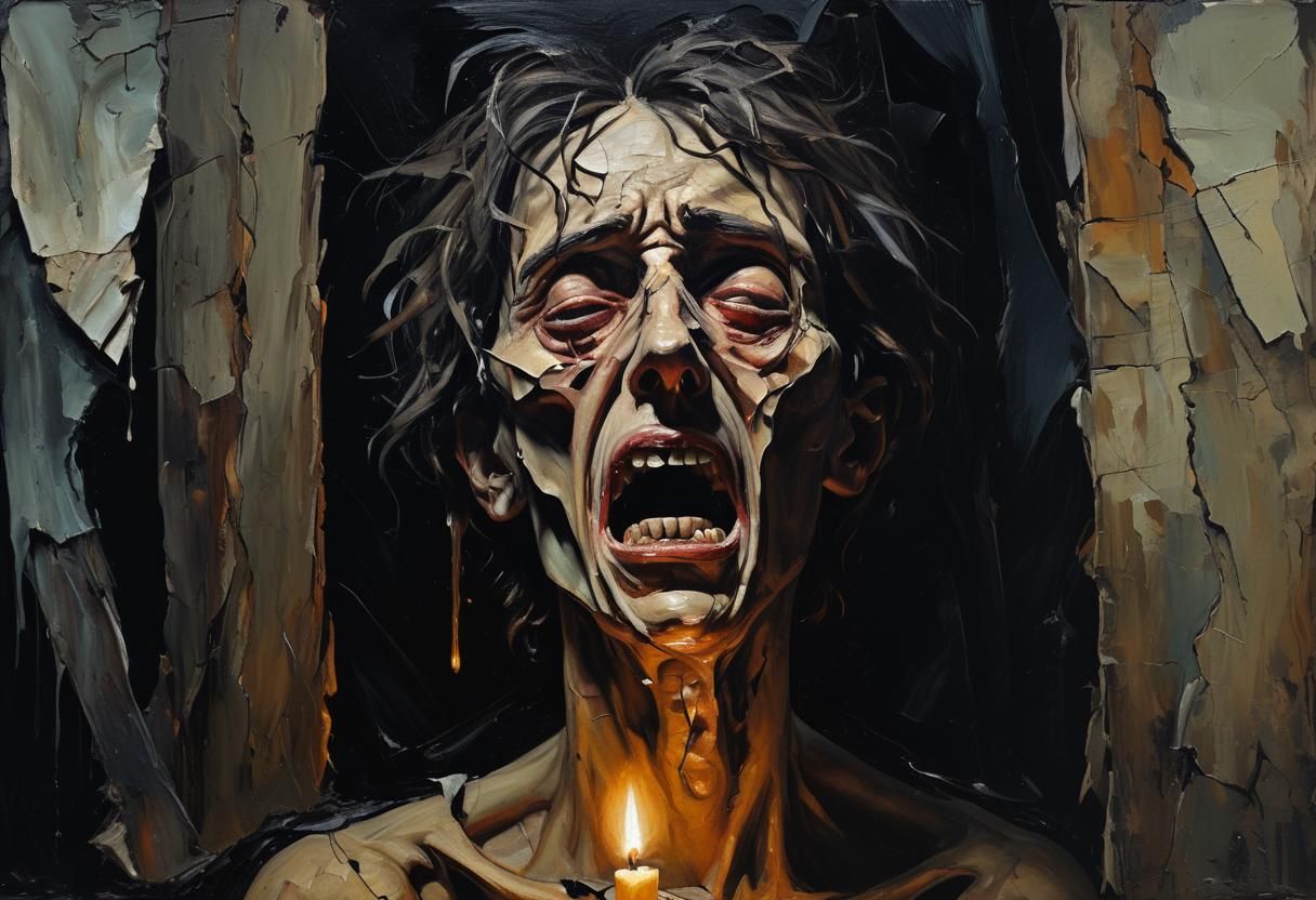 Anguished Figure in Nightmarish Surrealist Oil Painting