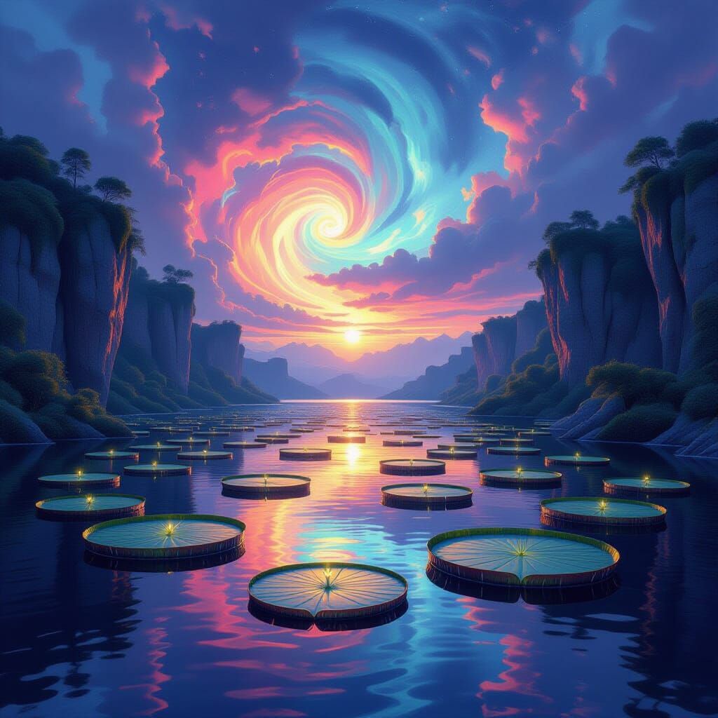 Surreal Dawn Lake with Abstract Nebulae Sky