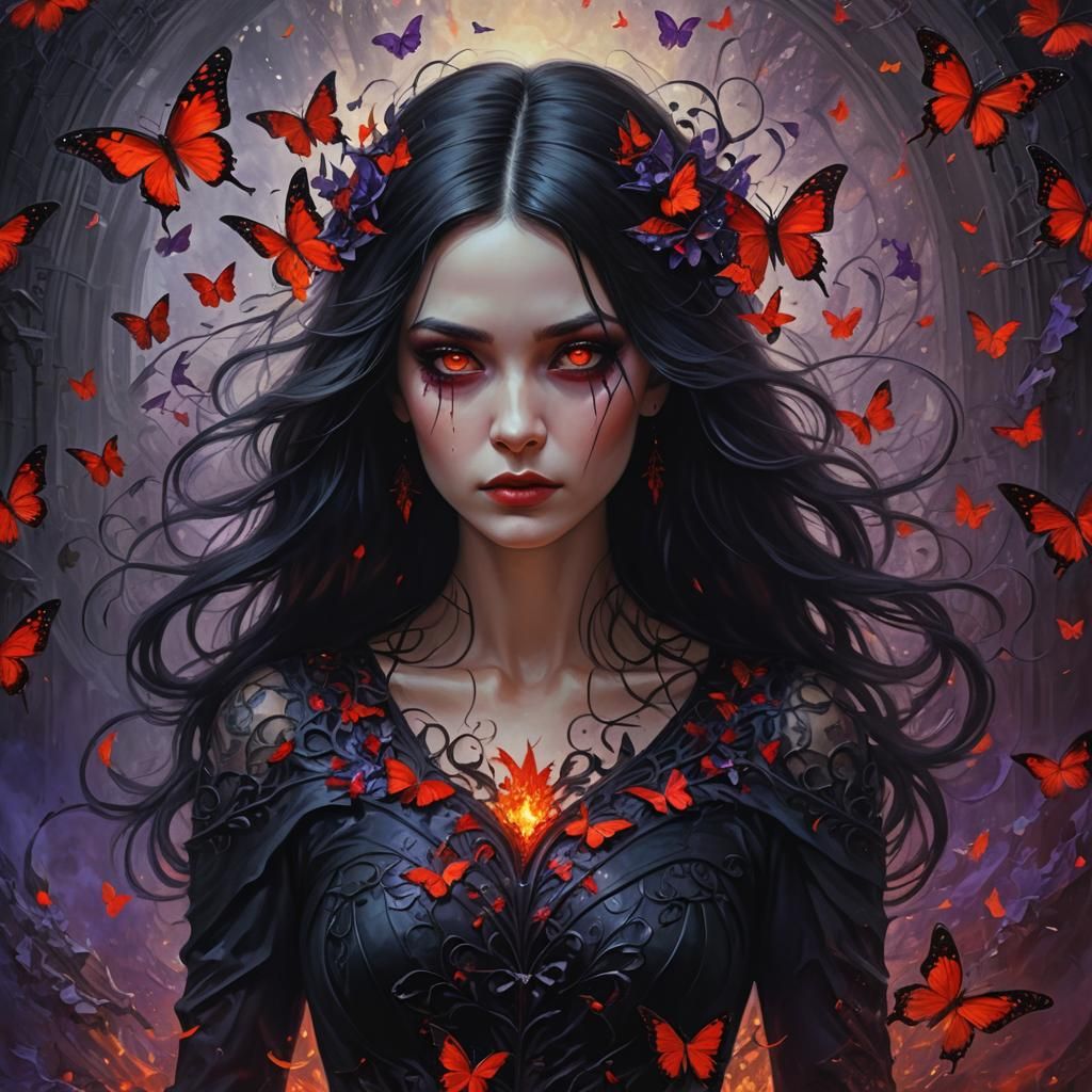 Gothic Fantasy Portrait of Woman with Fire Butterflies