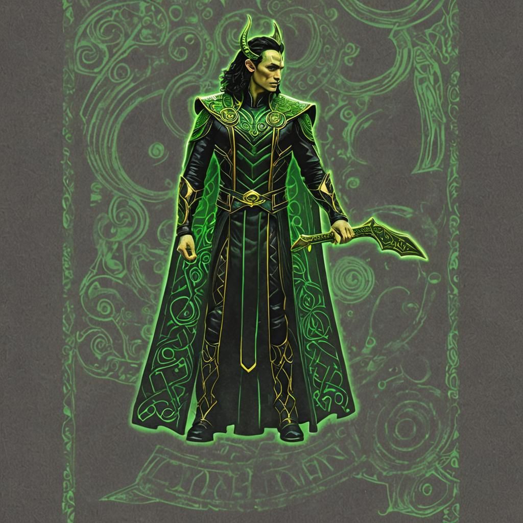 Loki Silhouette in Mystical Realm, Glowing Runes