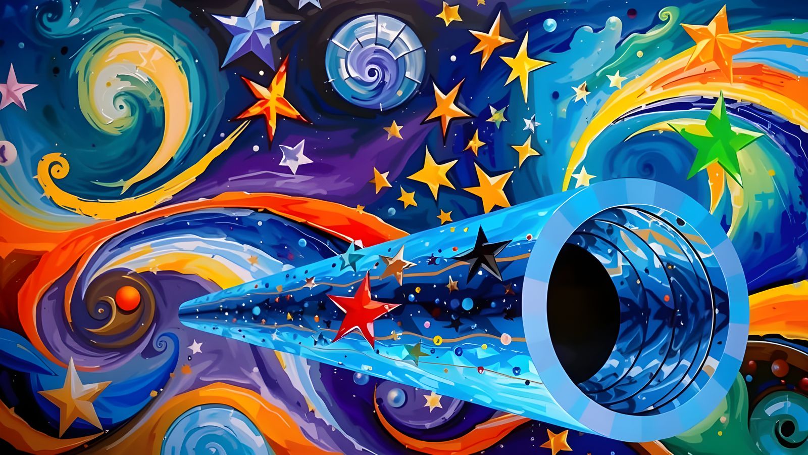 Sleek, Mirrored Glass Cylinder in a Cosmic Vortex