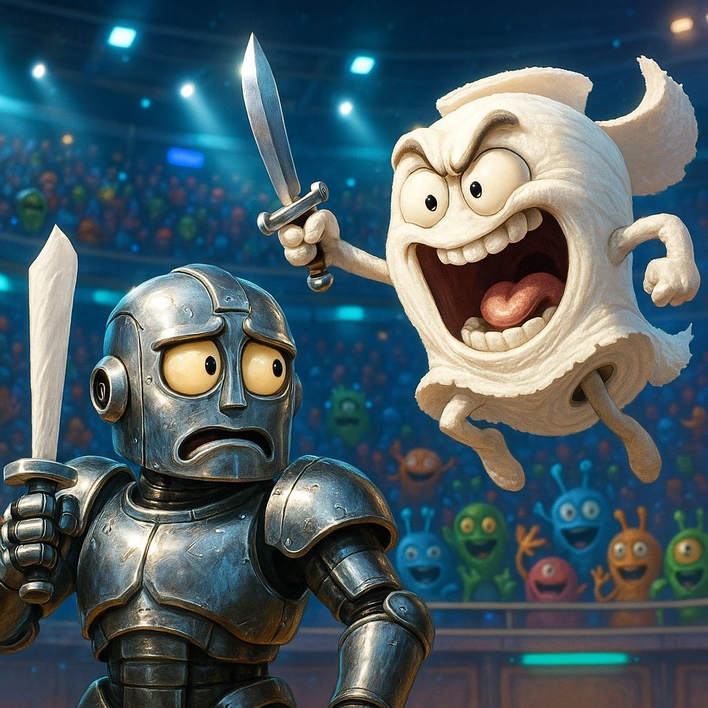 Toilet paper monster vs. metal robot