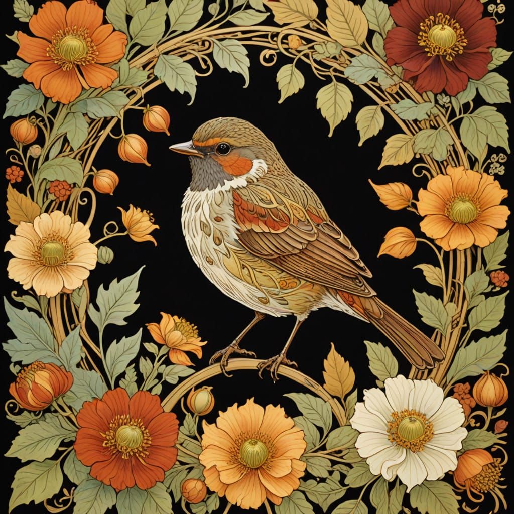 Vibrant Bird on Autumn Wreath in Art Nouveau Style