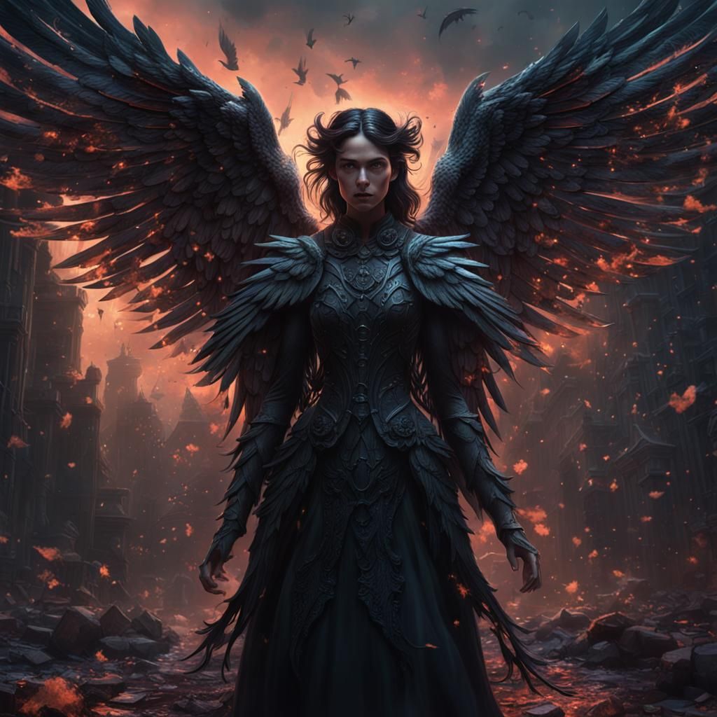Passionate Angel with Black Wings in Grunge Style