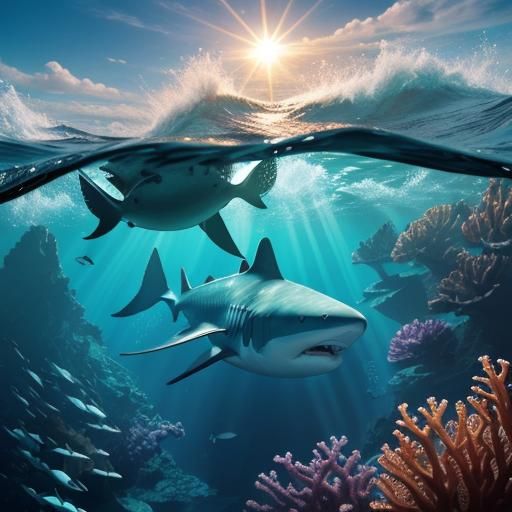 Sharks Swimming in Ocean: Underwater Concept Art