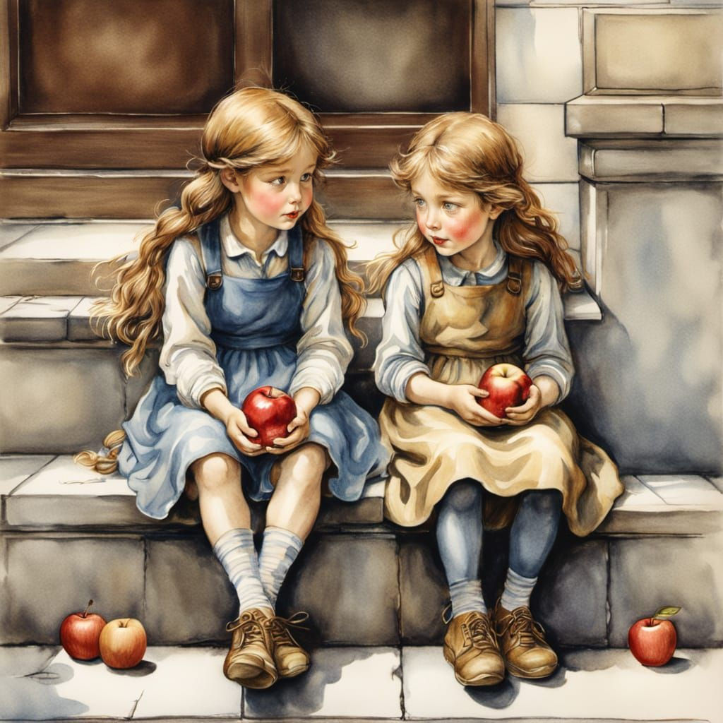Children Sharing an Apple in Watercolor Style