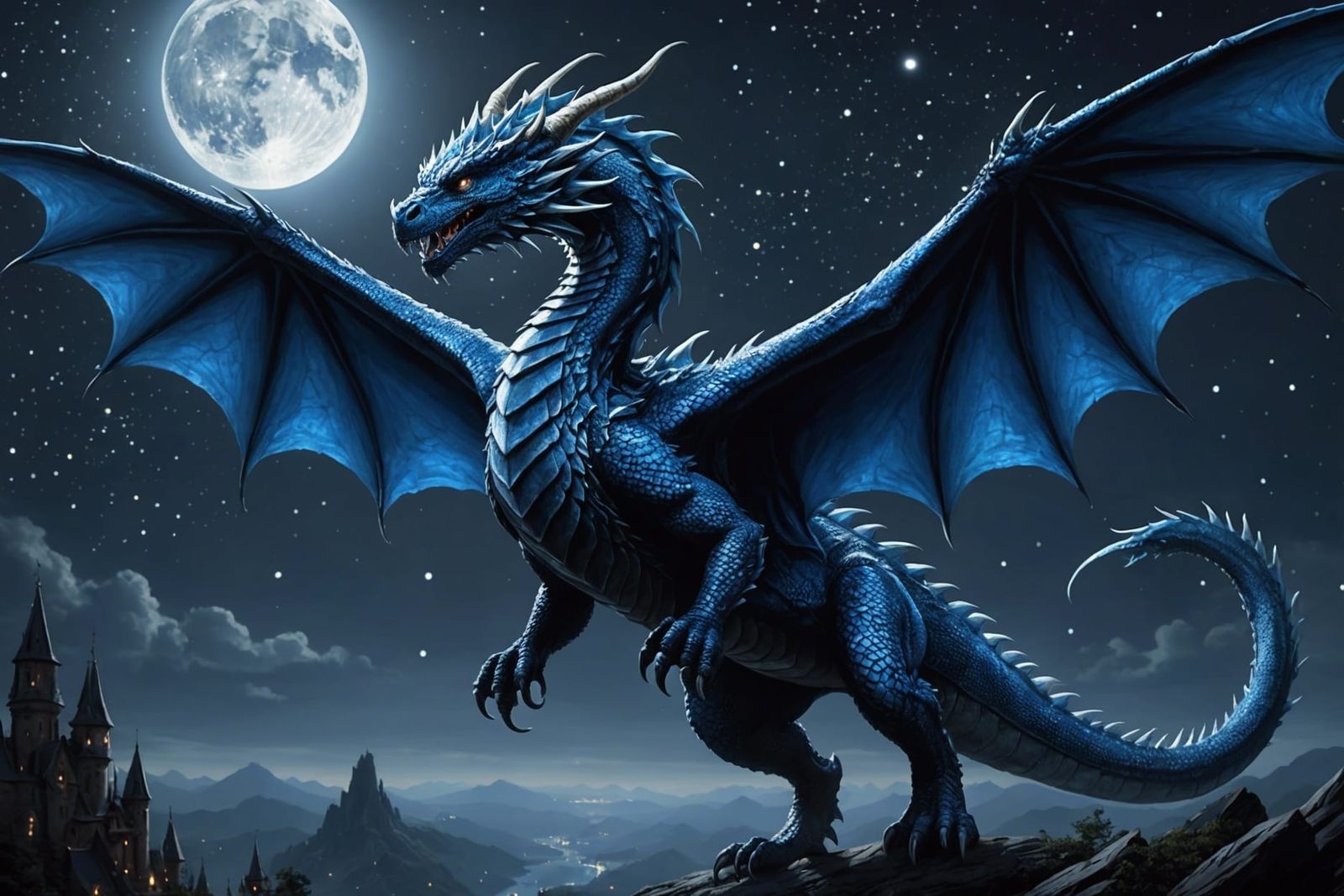 Majestic Blue Dragon Soaring in Starry Night Sky