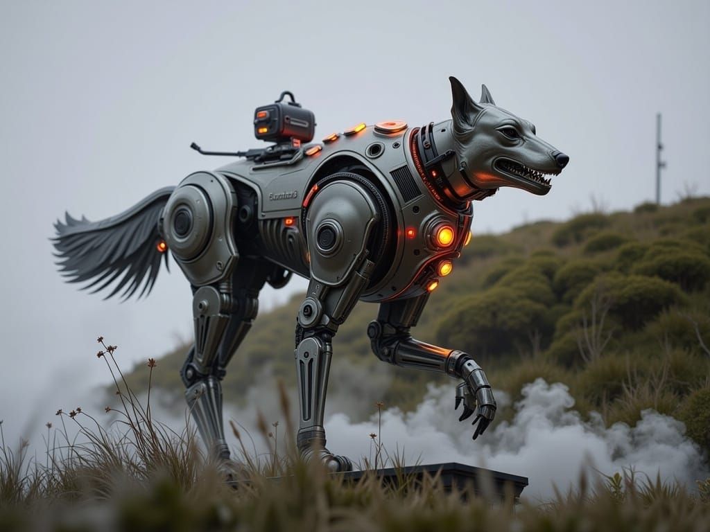 Dog-like Mechanical Combat Robot: Fantasy Illustration