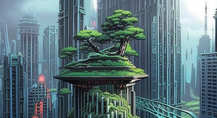Bonsai Garden in Skyscraper Ruins: Comic Book Art
