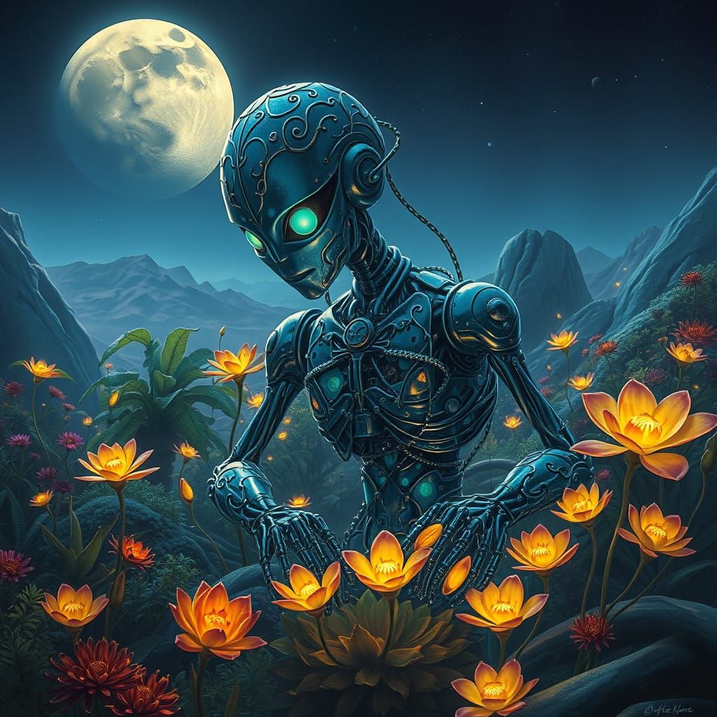 Bioluminescent Android in Alien Garden, Dreamlike Glow