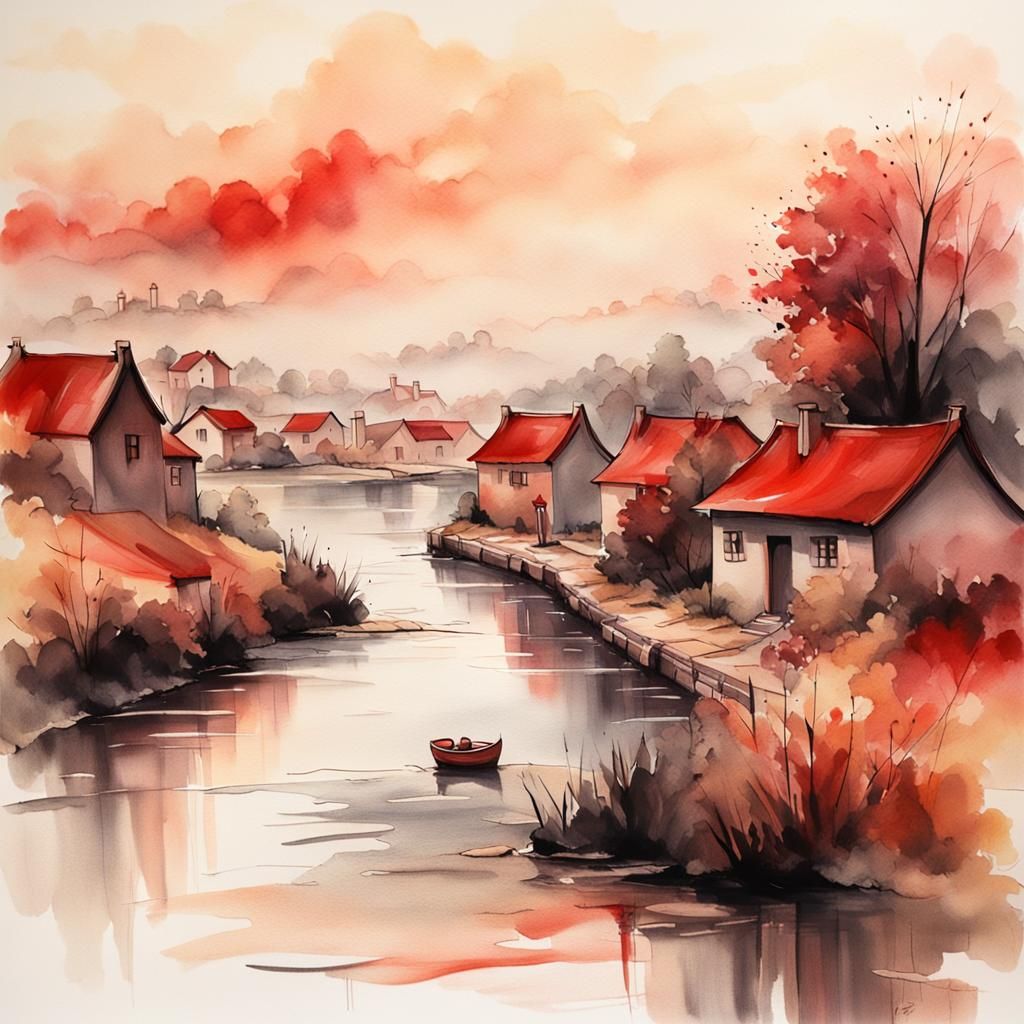 Ink Wash River Village in Atmospheric Perspective