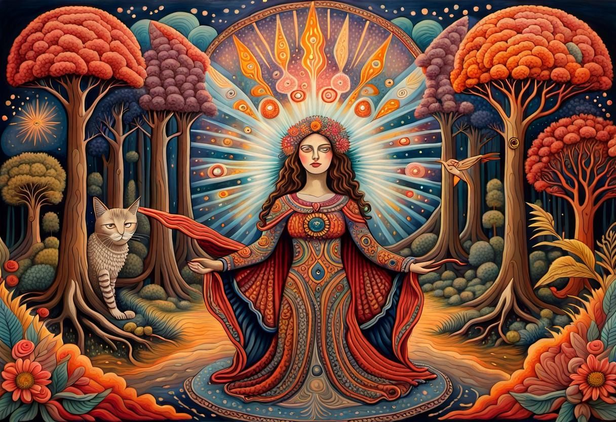 Mystic in Dream Forest: Naive Folk-Art Painting