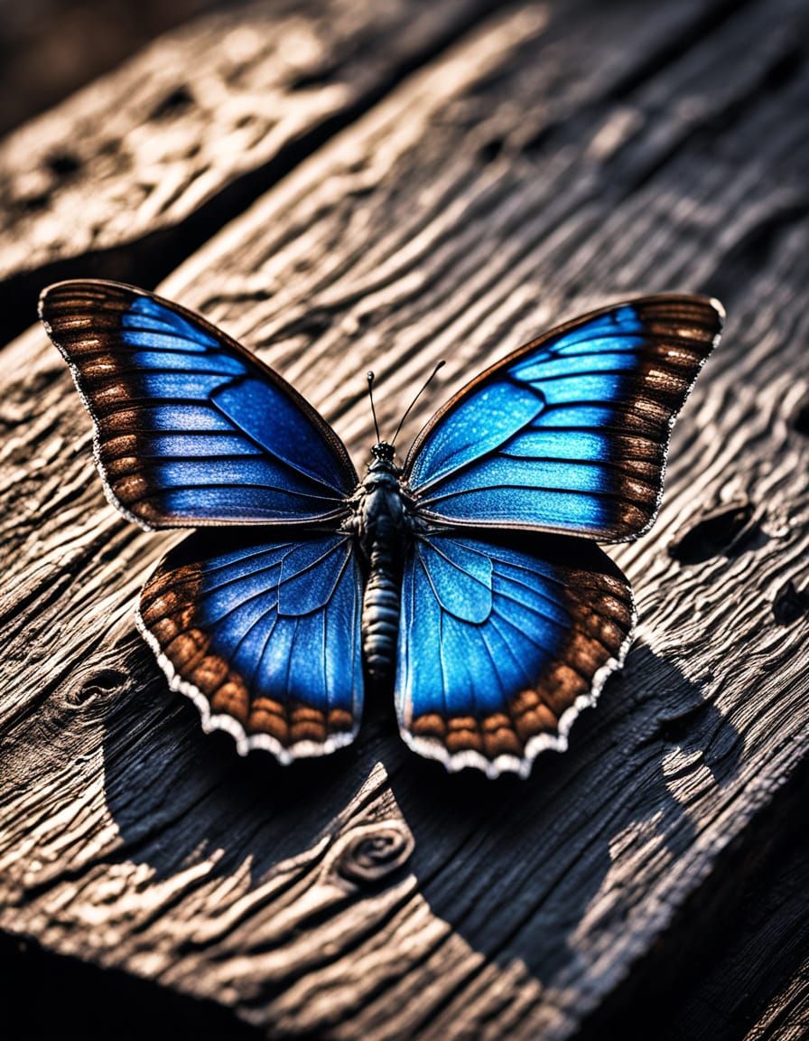 Vibrant Blue-Brown Butterfly Perches on Wooden Board in Hype...