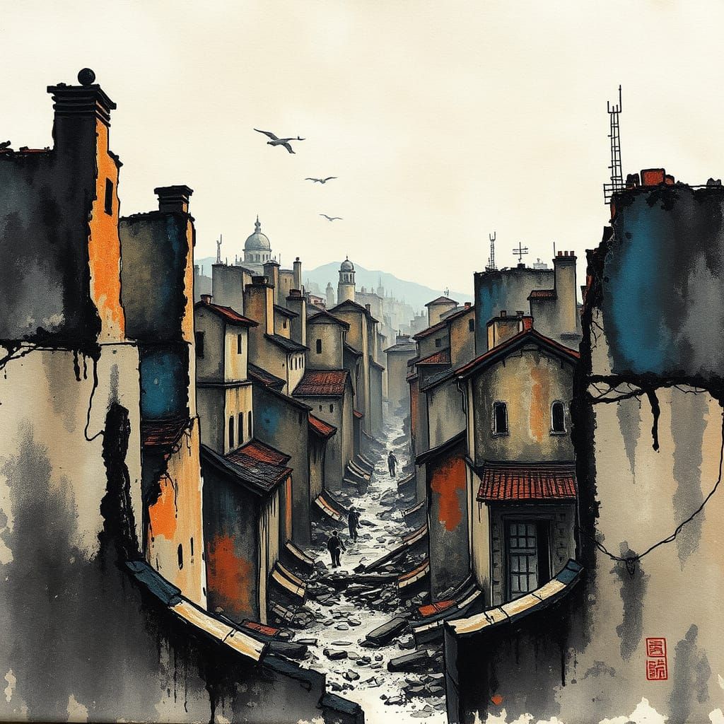 War-Torn Cityscape in Expressive Ink and Oil Style
