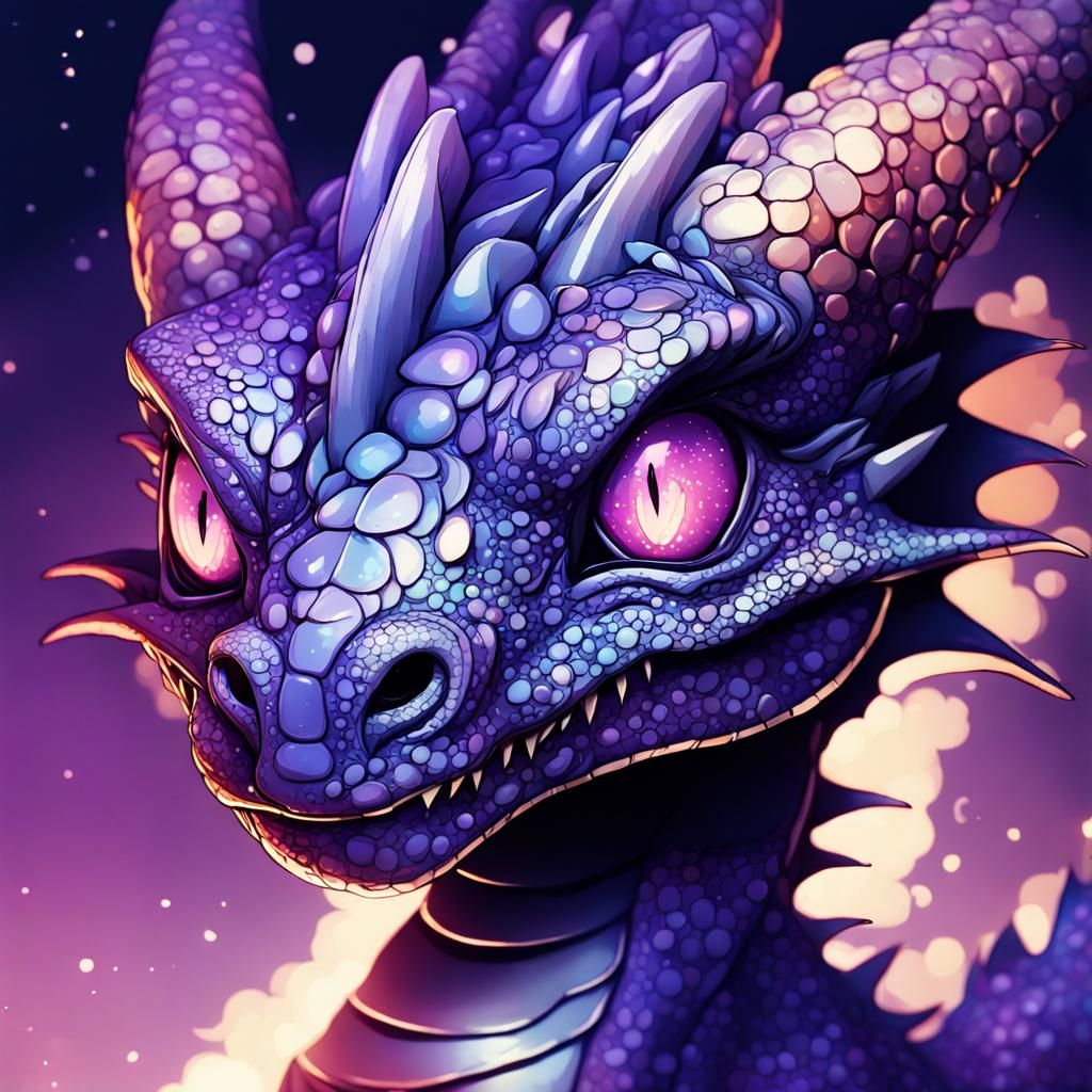 Adorable Purple Baby Dragon in Anime Space