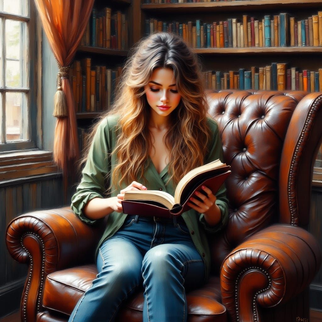 Hyperrealistic Woman Reading in Leather Chair as Surreal Art