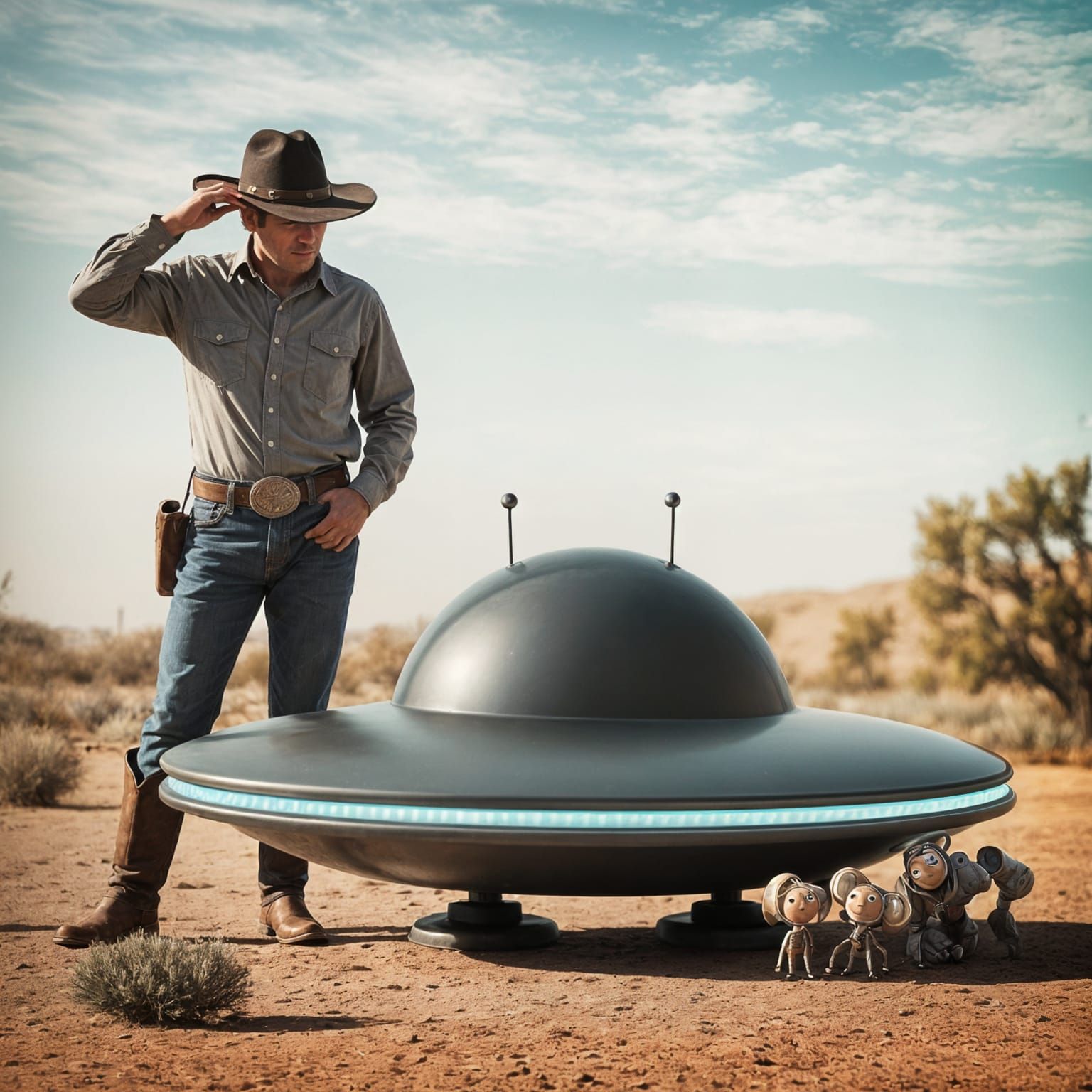 Cowboy Meets Aliens in Whimsical Desert Encounter