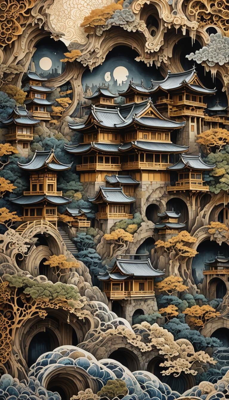 Surreal Kyoto Cityscape in Ink Painting Style