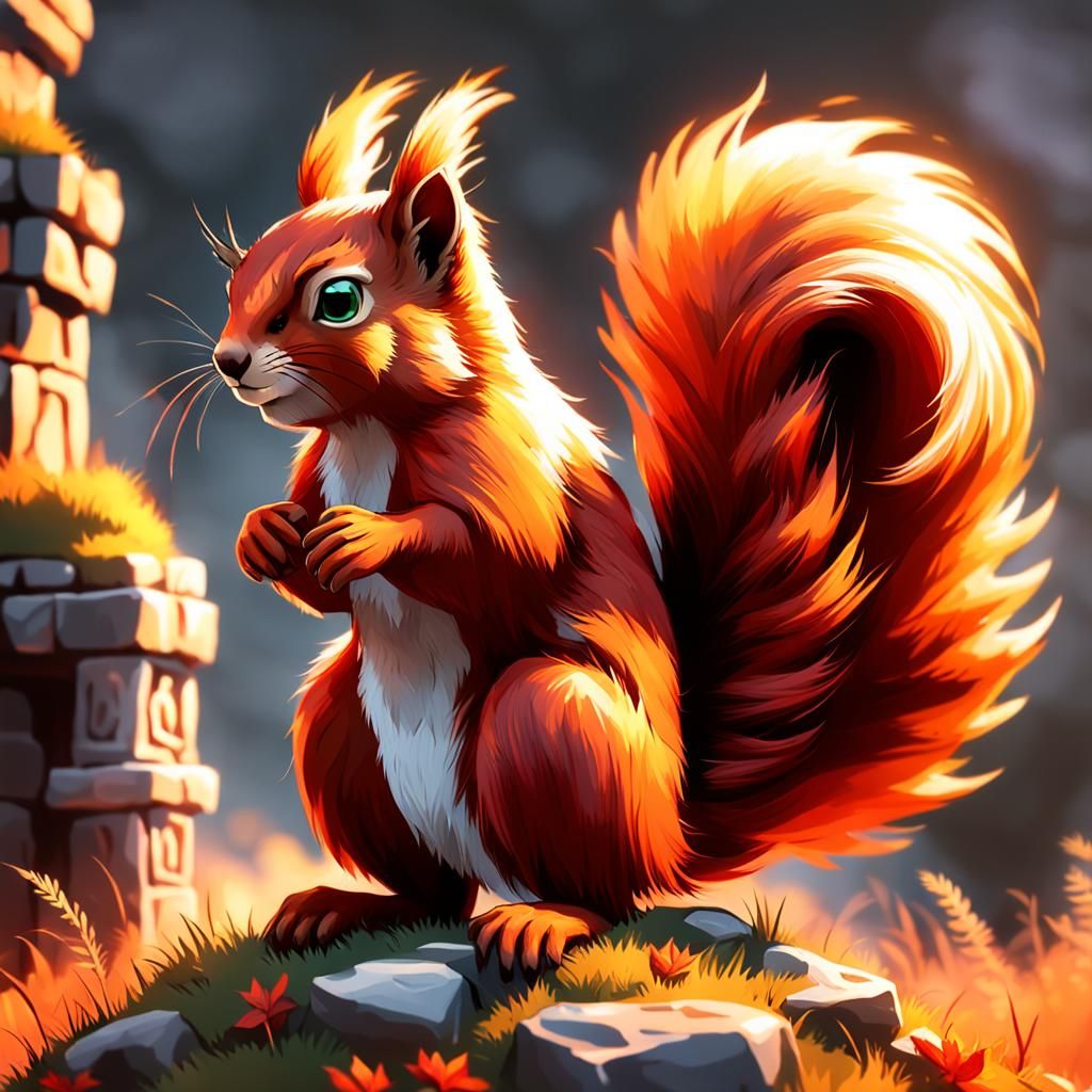 Fiery Squirrel on Celtic Ruins: Ink-Wash Painting