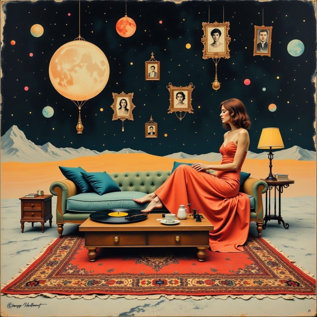 Retro Woman Enjoys Vinyl on Lunar Living Room