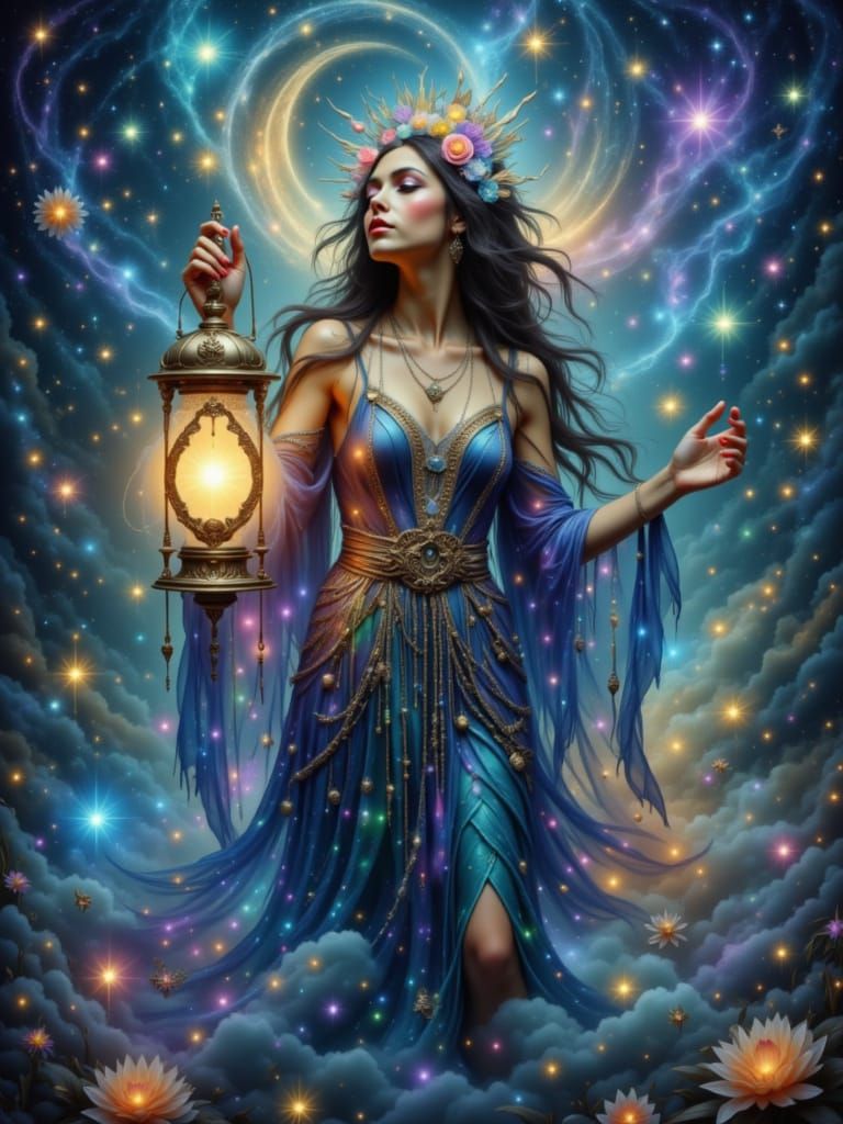 Cosmic Woman with Lantern in Astral Landscape
