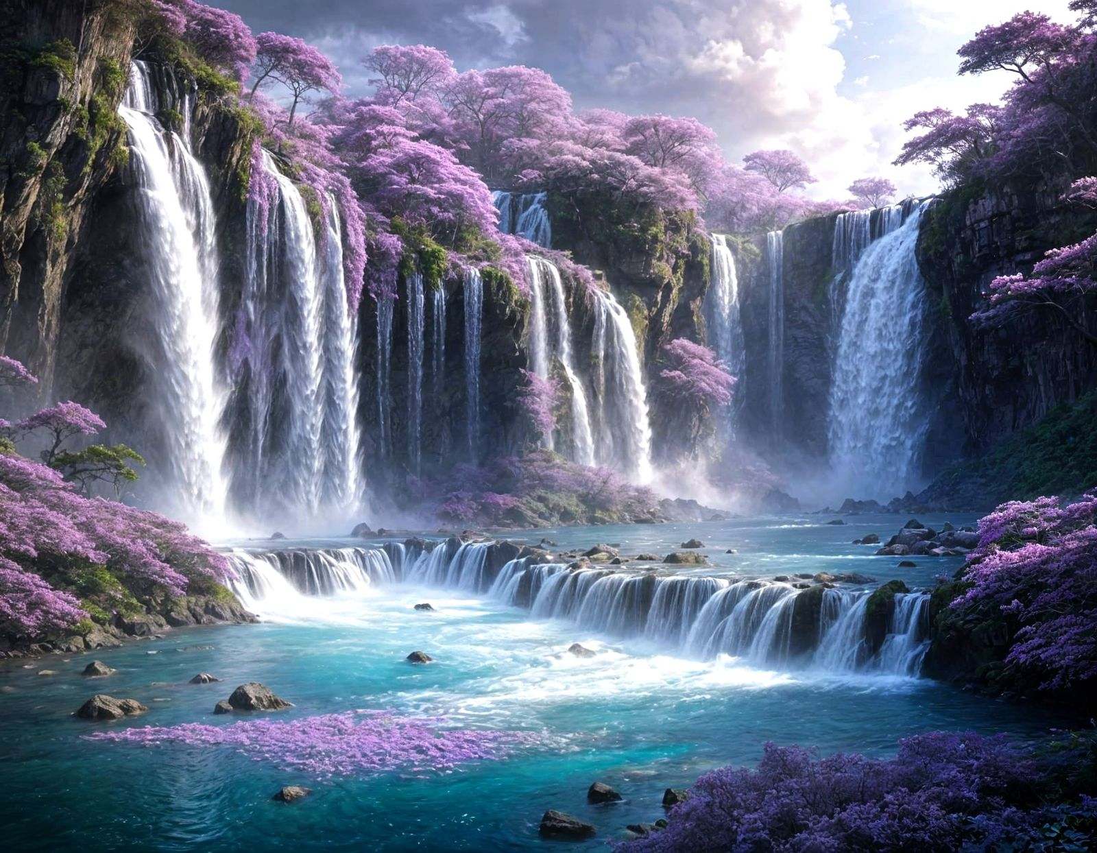Lilac Waterfalls Cascade from Floating Islands