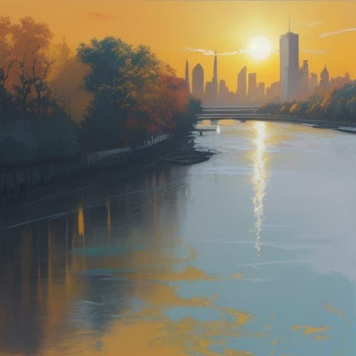 Vibrant Graffiti Mural of Sun Setting Over Riverbank