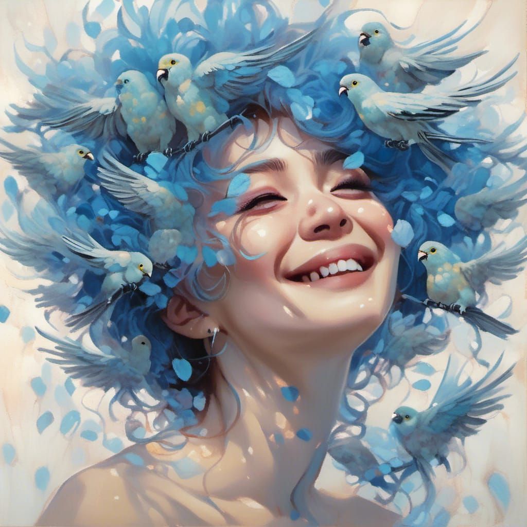Laughing Woman with Budgies in Hair