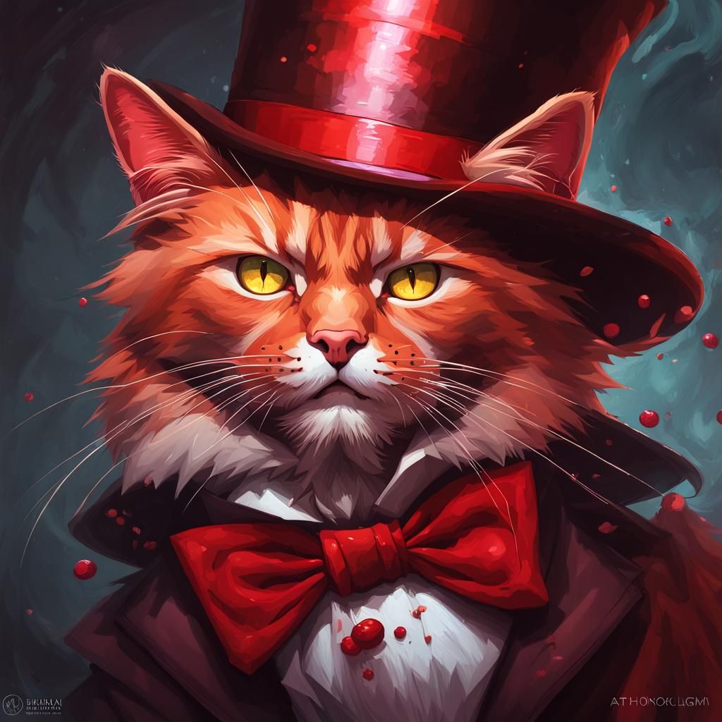 Menacing Red Cat in Top Hat, Detailed Portrait