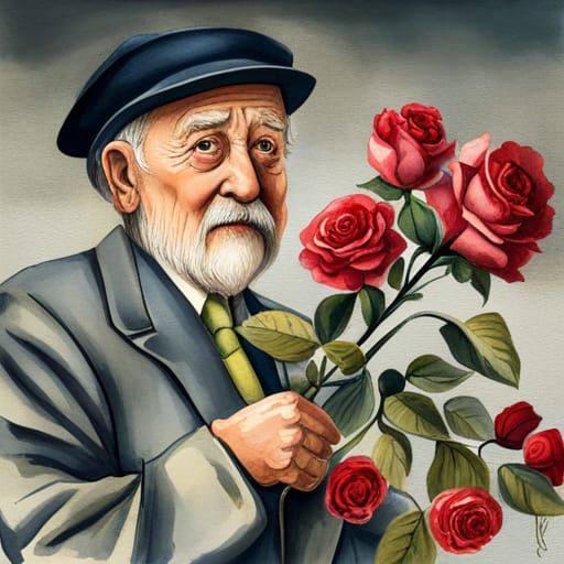 Old Man with Roses: Wet Watercolor Illustration