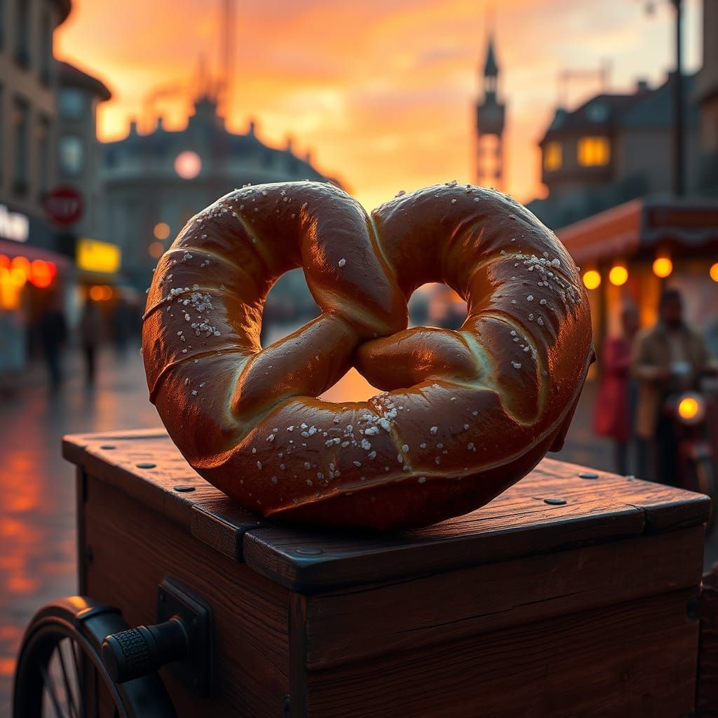 Golden Pretzel in Bustling Cityscape: Matte Painting Style
