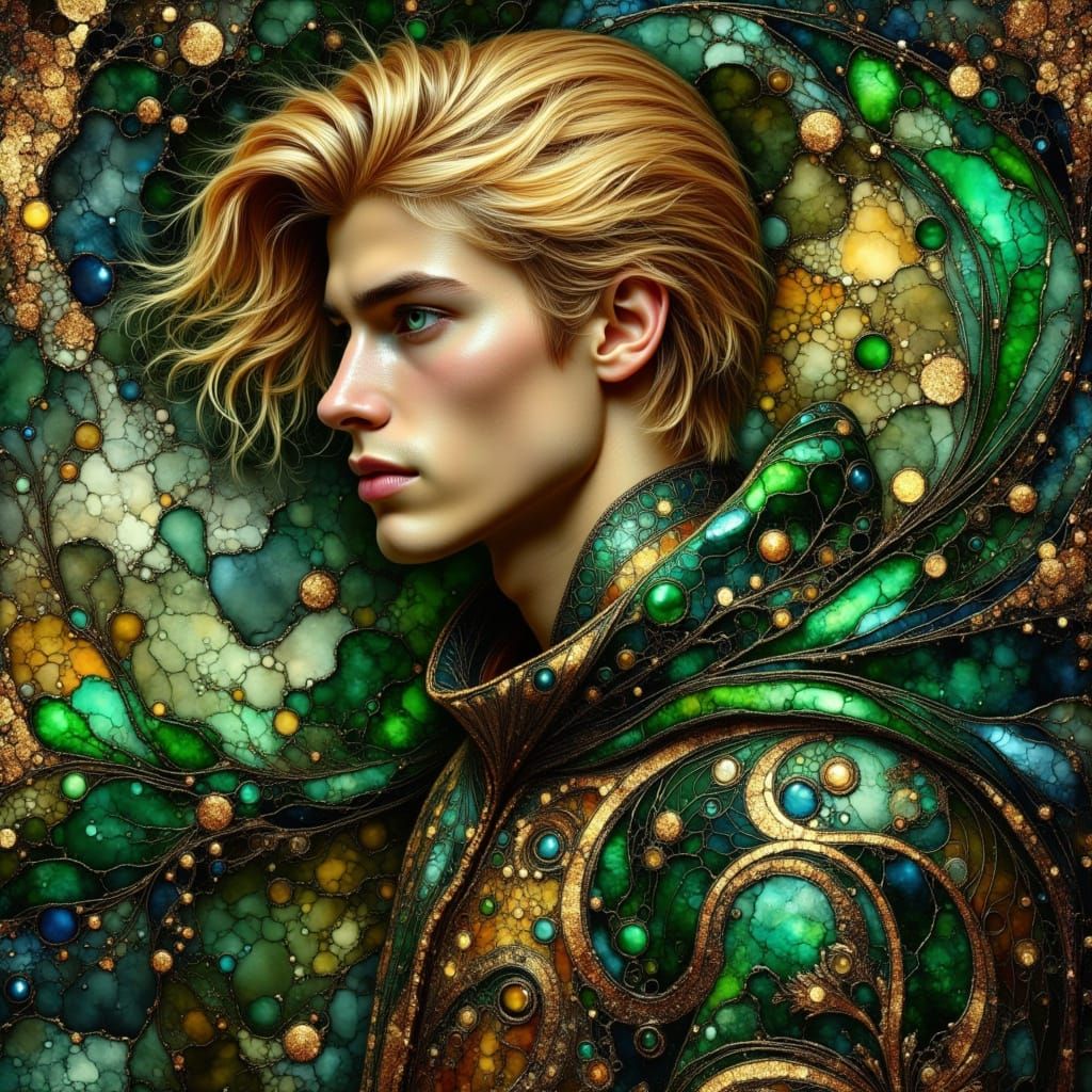 Surreal Youth in Ornate Green Tunic, Rendered in Dark, Moody...