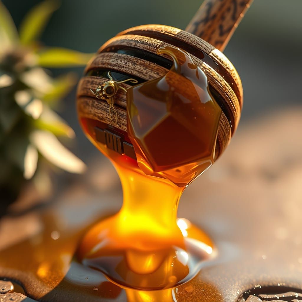 Golden Cannabis Sativa Honey Dripping from a Weathered Honey...