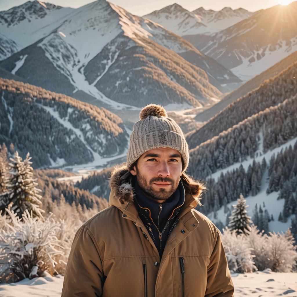 Snowy Mountain Landscape at Sunset in Winter