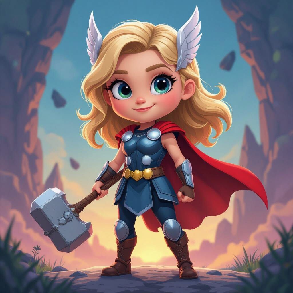 Kid She-Thor in Detailed Fantasy Matte Painting Style