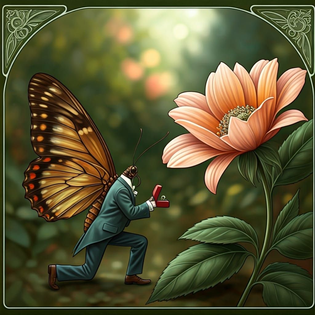 Butterfly Proposes to Flower in Art Nouveau Style