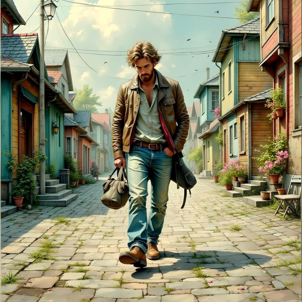 Lonely Man in Scandinavian Town Square