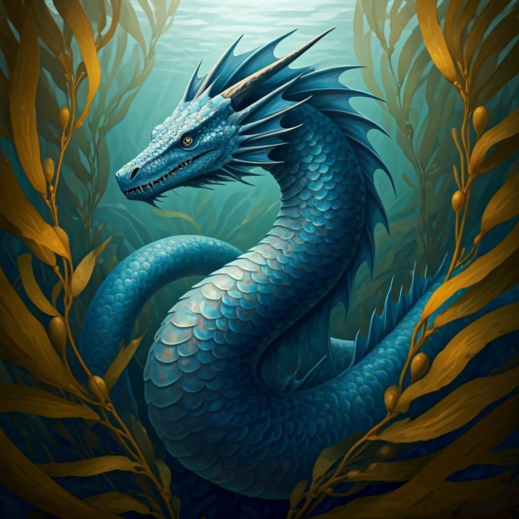Azure Flood Dragon in Kelp Forest, Realistic Zoological Pain...