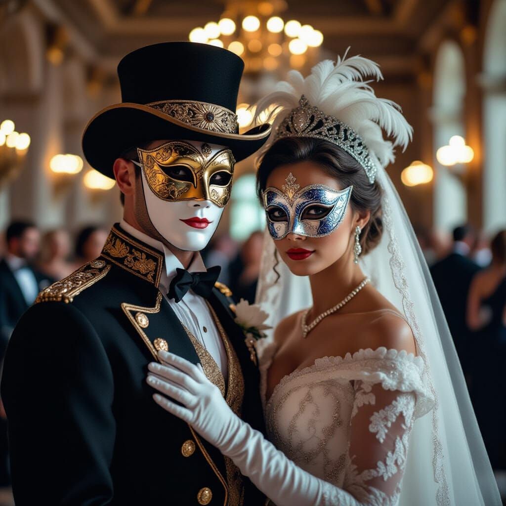 Opulent Couple in Masquerade Ball Attire
