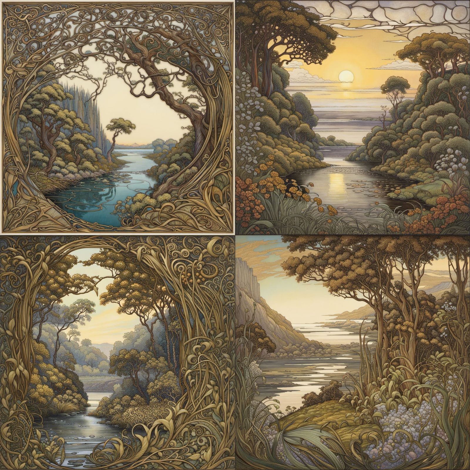 Stained Glass Landscape with Intricate Linework