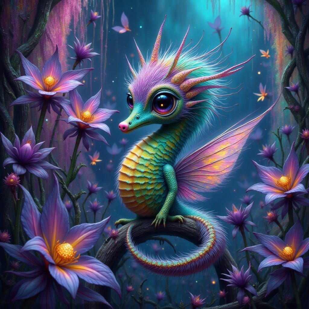 Rainbow Seahorse in Bioluminescent Cave, Dreamy Art